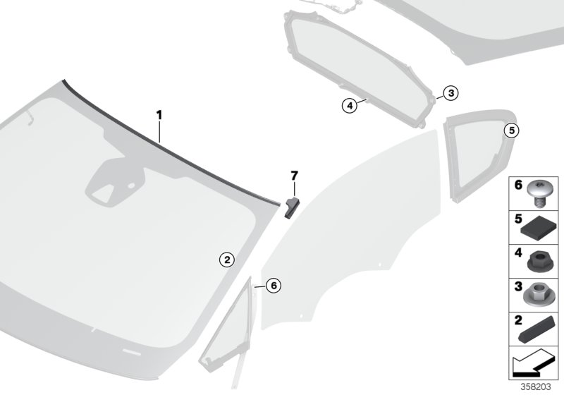 Остекление, дополнительные элементы для BMW I12 i8 B38 (схема запчастей)