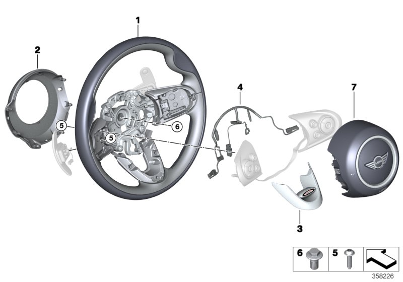 Спортивное рул.колесо с НПБ MINI Yours для BMW F56 Cooper S B48 (схема запчастей)