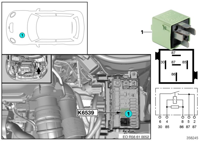 Реле обогр.вент.картера двигателя K6539 для MINI R57N Coop.S JCW N14 (схема запчастей)