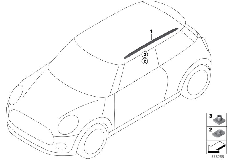 Дооснащение полозьями багажника на крыше для BMW F55 Cooper B38C (схема запчастей)