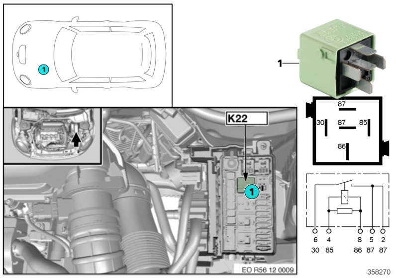 Реле электровентилятора 2 двигатель K22 для MINI R61 JCW ALL4 N18 (схема запчастей)
