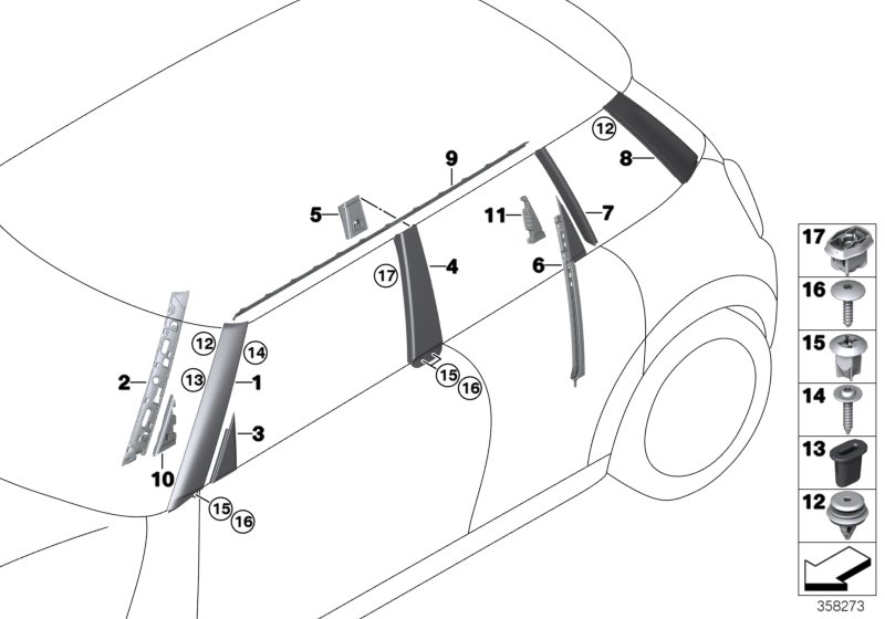 Наружные накладки/дек.решетки II для BMW F55 One B38B (схема запчастей)