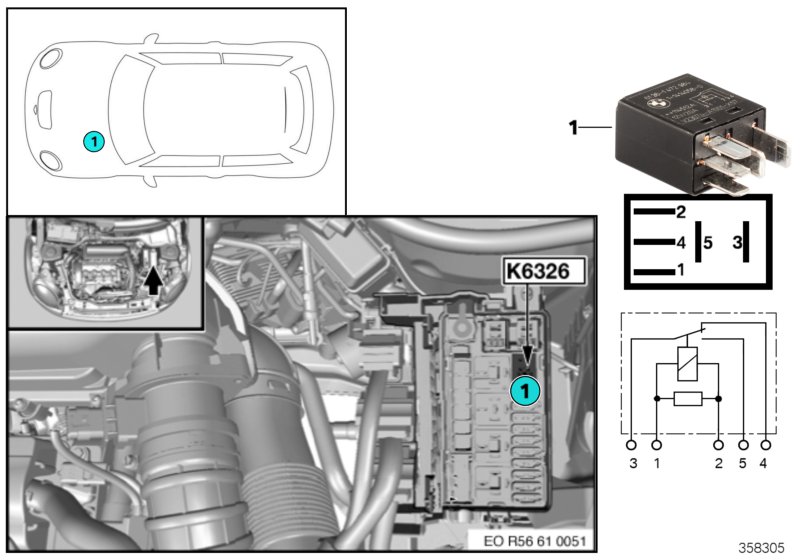 Разгрузочное реле контакта 15 K6326 для MINI R55N Coop.S JCW N18 (схема запчастей)