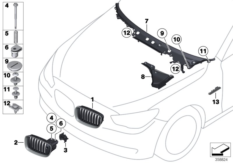 Наружные накладки / декоративные решетки для BMW F07 530dX N57 (схема запчастей)