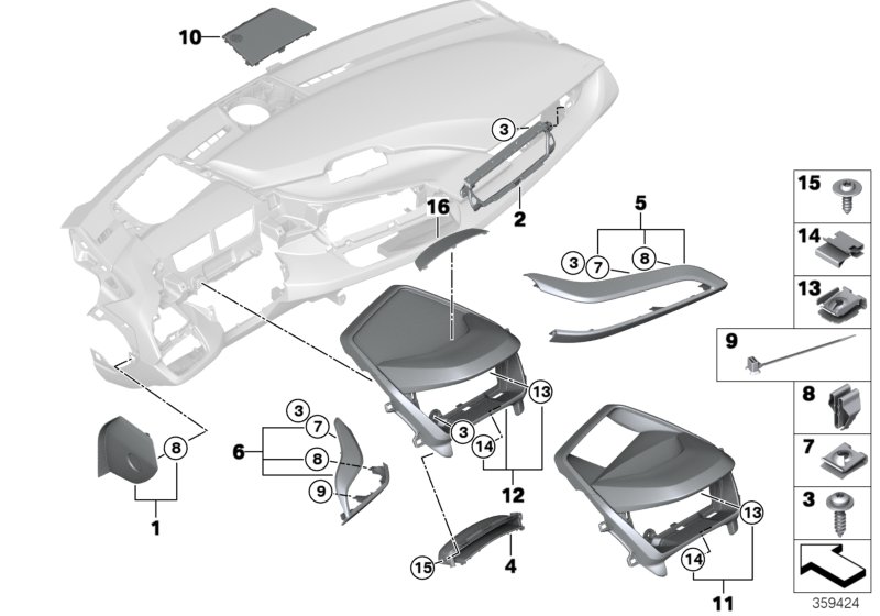 Доп.элементы панели приборов Вх для BMW I15 i8 B38X (схема запчастей)