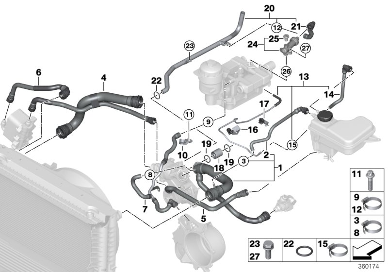 Шланги системы охлаждения для BMW E65 740d M67 (схема запчастей)