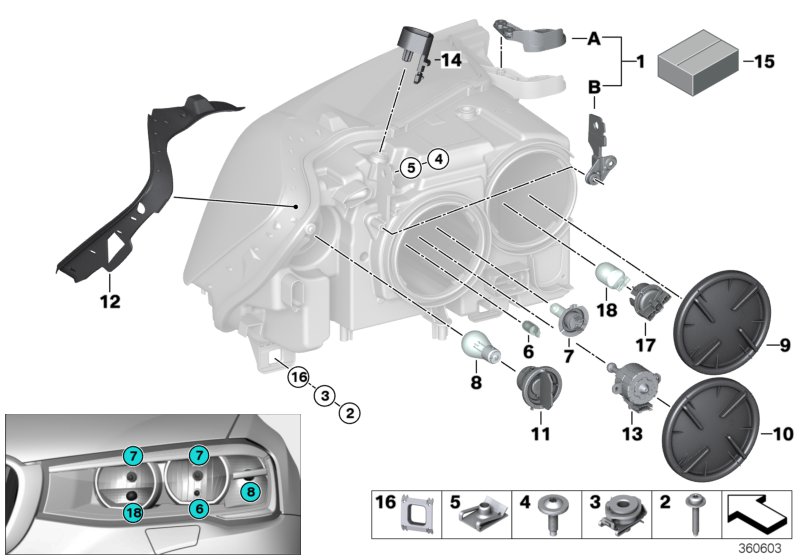 Детали галогенной фары для BMW F25 X3 28iX N52N (схема запчастей)