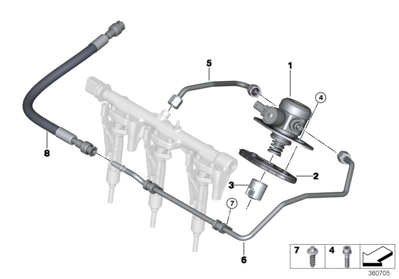 Насос высокого давления/трубопроводы для BMW F55 Cooper B36 (схема запчастей)