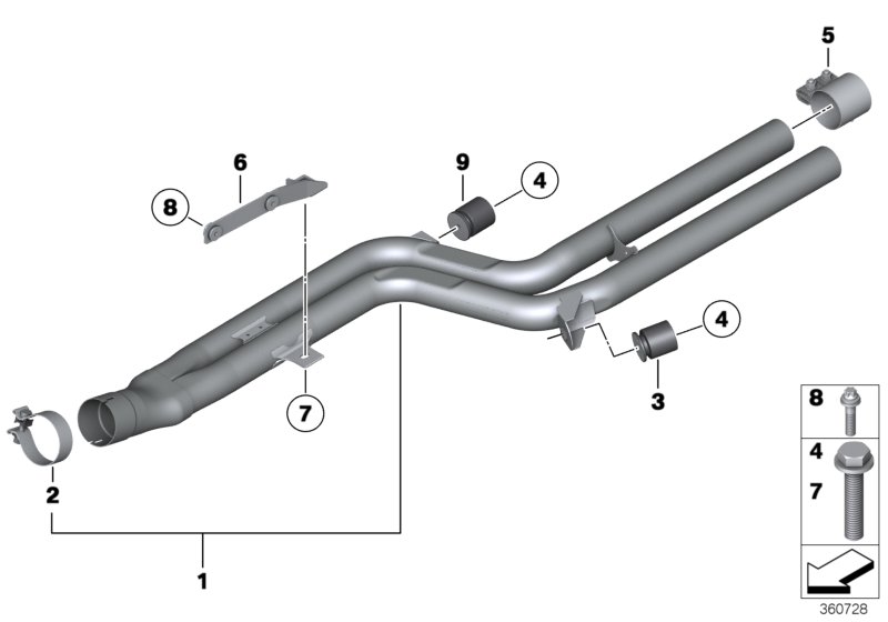 Передний дополнительный глушитель для BMW F10 535iX N55 (схема запчастей)