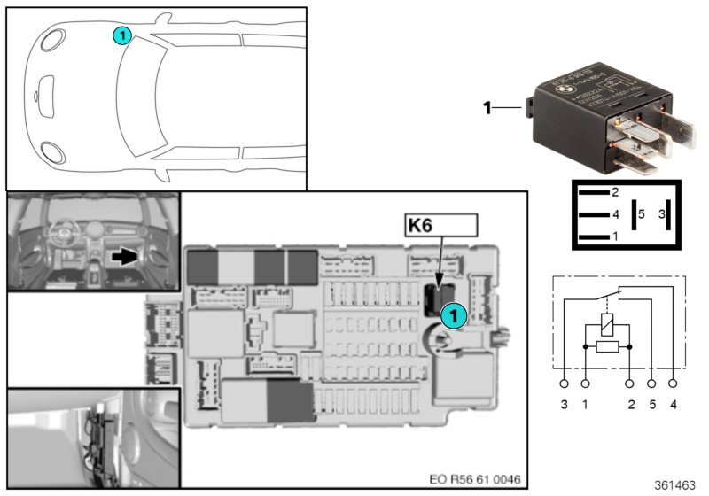 Реле омывателей фар K6 для BMW R55N Coop.S JCW N14 (схема запчастей)