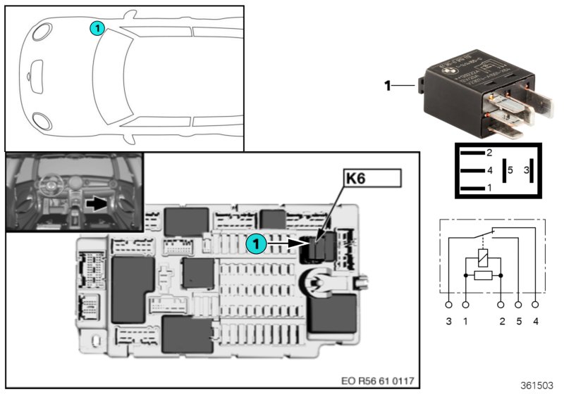 Реле омывателей фар K6 для MINI R57 Coop.S JCW N14 (схема запчастей)