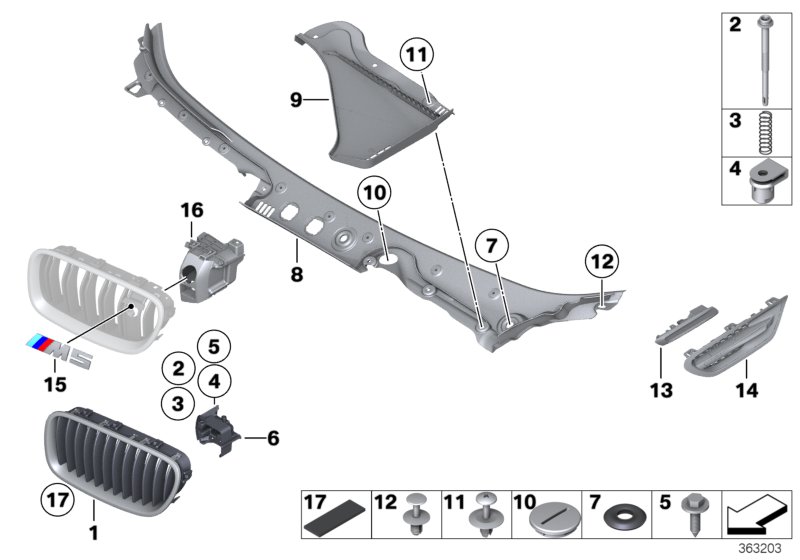 Наружные накладки / декоративные решетки для BMW F11N 530dX N57N (схема запчастей)
