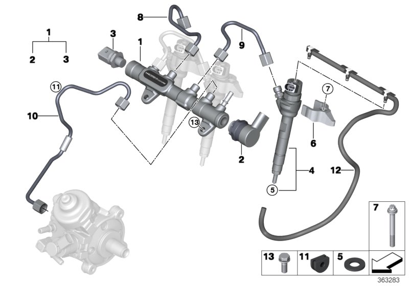 Ресивер/инжектор/провод для BMW F55 One D B37 (схема запчастей)