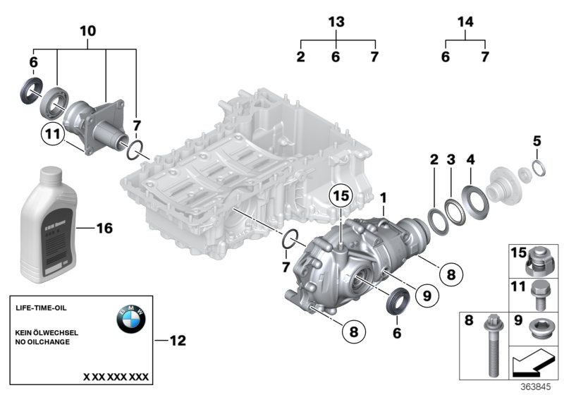 Редуктор перед.моста детали полн.привод для BMW E83 X3 3.0i M54 (схема запчастей)