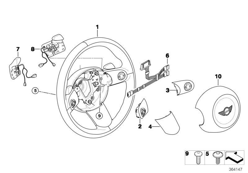 Спорт.м/функциональное колесо стептроник для BMW R50 Cooper W10 (схема запчастей)