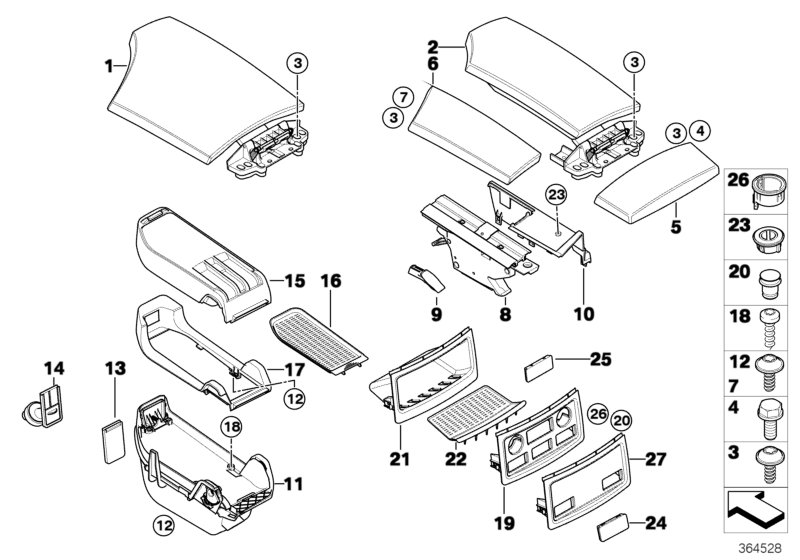 Ср.подлокотник/ящики для мелких вещей для BMW E60 530xi N52 (схема запчастей)