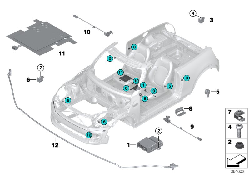 Электрические детали НПБ для BMW F55 One B38B (схема запчастей)