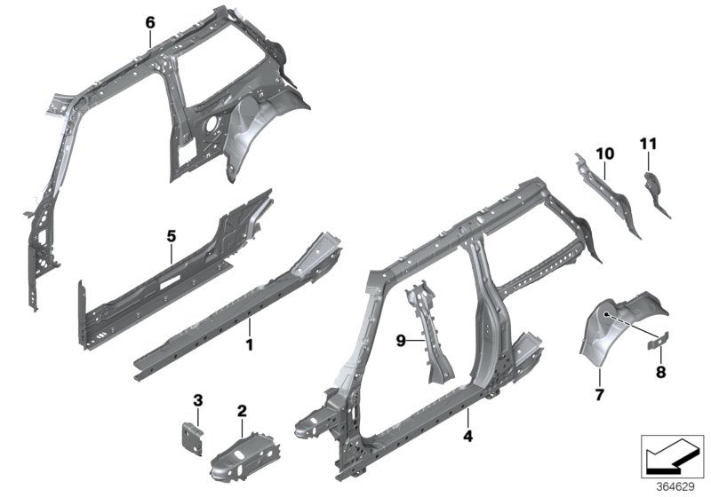 Детали бокового каркаса для BMW F56 One First B38B (схема запчастей)