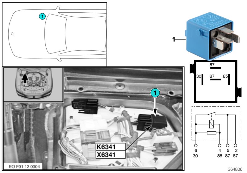 Реле разгрузки зажигания/впрыска K6341 для BMW F01N 750iX N63N (схема запчастей)