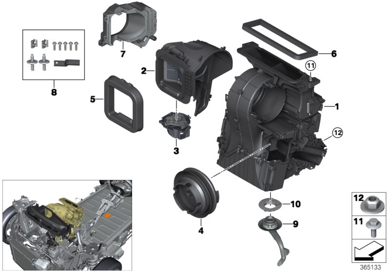 Детали корпуса сист.отопления и кондиц. для BMW F45N 225xe B38X (схема запчастей)
