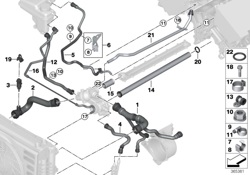 Шланги системы охлаждения для BMW E66 760Li N73 (схема запчастей)