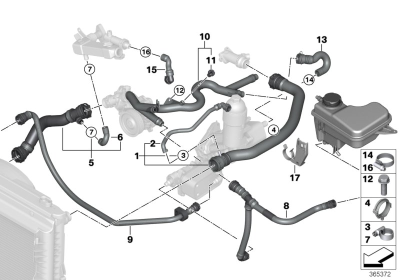 Шланги системы охлаждения для BMW E65 730d M57N2 (схема запчастей)