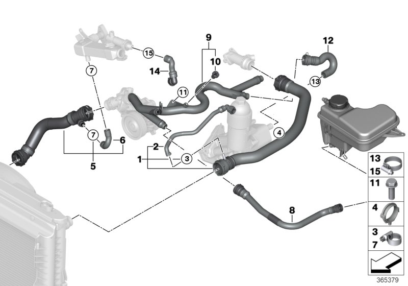 Шланги системы охлаждения для BMW E61N 525xd M57N2 (схема запчастей)