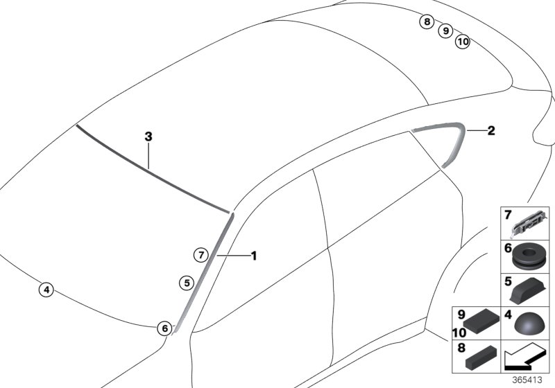 Остекление, дополнительные элементы для BMW F16 X6 28iX N20 (схема запчастей)