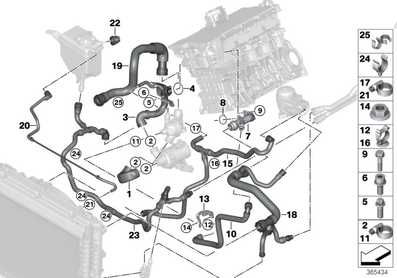Шланги системы охлаждения для BMW E60N 520i N43 (схема запчастей)