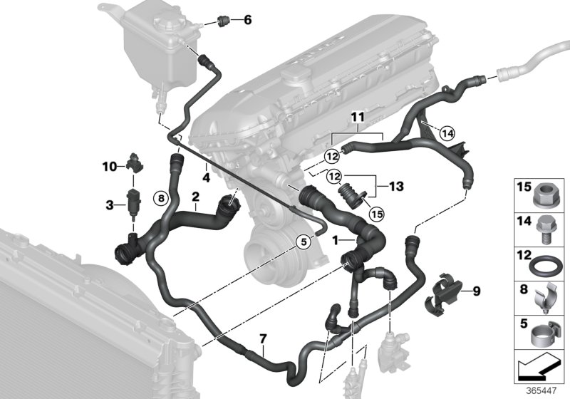 Шланги системы охлаждения для BMW E60 530i M54 (схема запчастей)