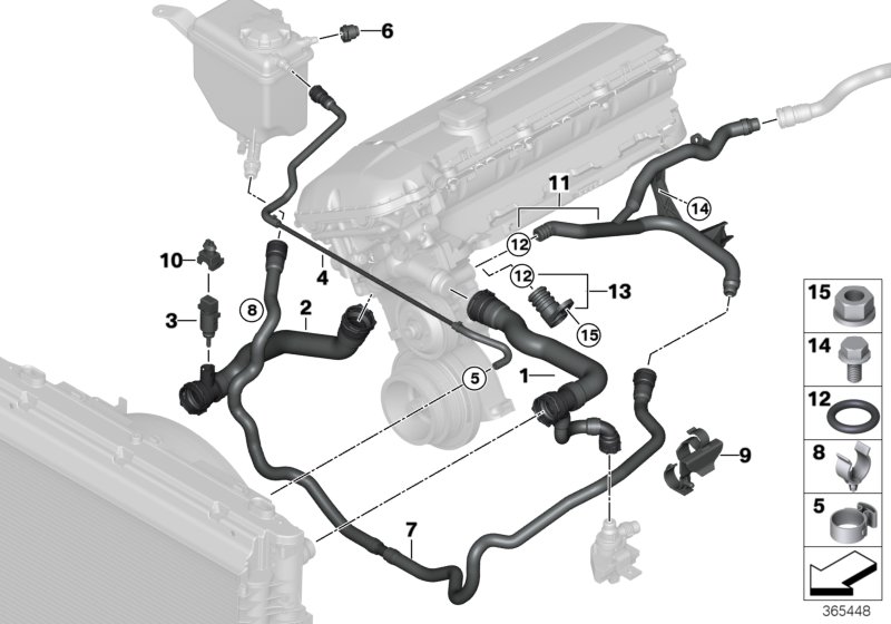 Шланги системы охлаждения для BMW E61 525i M54 (схема запчастей)