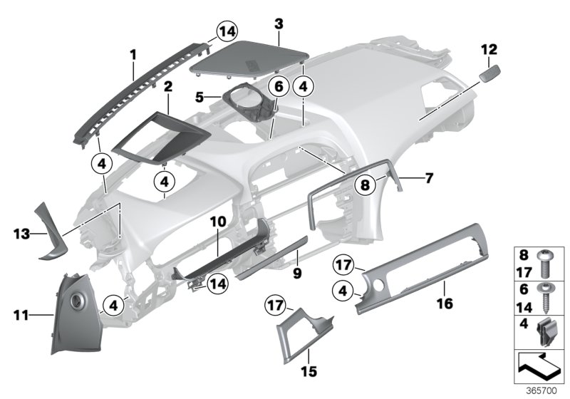 Доп.элементы панели приборов Вх для BMW F06N 640dX N57Z (схема запчастей)