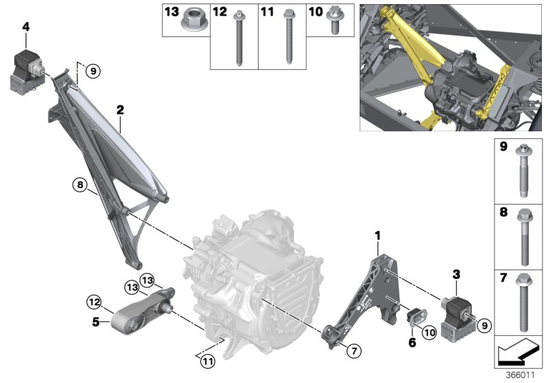 Подвеска двигателя и коробки передач для BMW I01 i3 94Ah IB1 (схема запчастей)