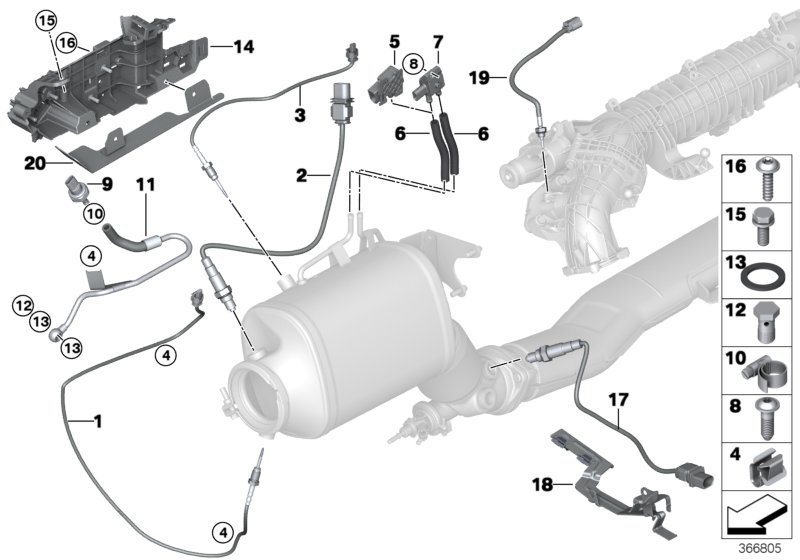 Датчики саж. фильтра/дополн.элементы для BMW F26 X4 30dX N57N (схема запчастей)