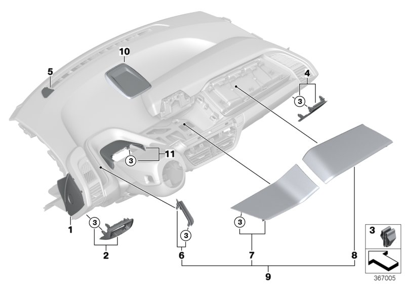 Доп.элементы панели приборов Вх для BMW I01 i3 94Ah Rex IB1 (схема запчастей)