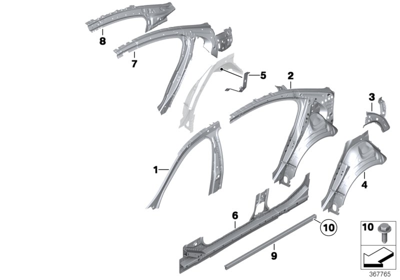 Детали бокового каркаса для BMW F10 523i N53 (схема запчастей)