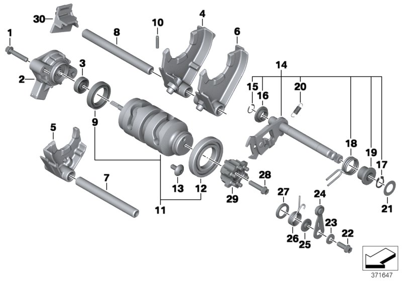 Детали механизма ПП 6-ступенчатой КПП для BMW K75 F 800 GS Adve. 16 (0B55, 0B65) 0 (схема запчастей)