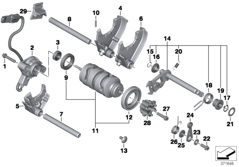 Детали механизма ПП 6-ступенчатой КПП для BMW K73 F 800 R 15 (0B04, 0B14) 0 (схема запчастей)
