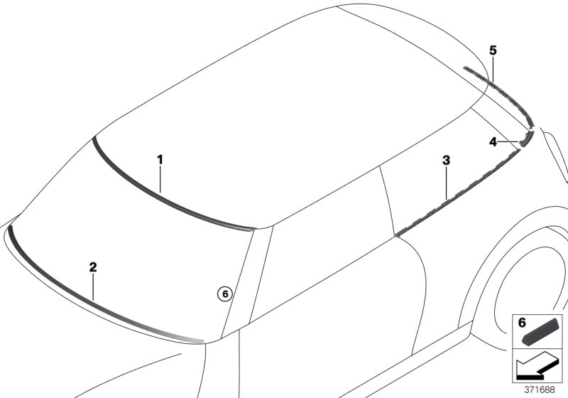 Остекление, дополнительные элементы для BMW F56 One B38 (схема запчастей)