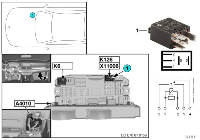 Реле компрессора пневм.подвески K126 для BMW E70N X5 50iX N63 (схема запчастей)