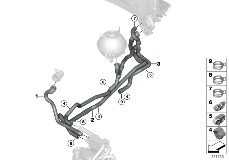 Шланги ОЖ автономной системы отопления для BMW F25 X3 35iX N55 (схема запчастей)