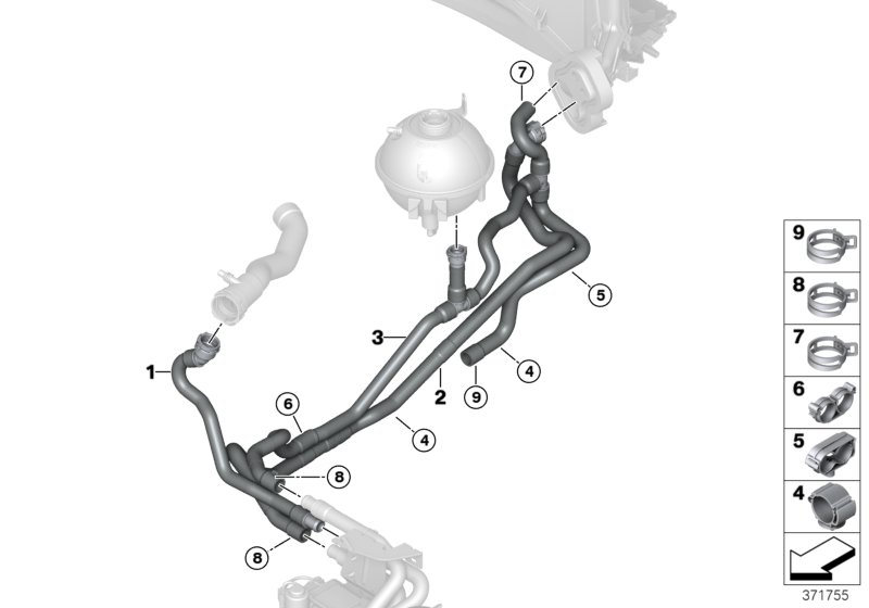 Шланги ОЖ автономной системы отопления для BMW F25 X3 20iX N20 (схема запчастей)