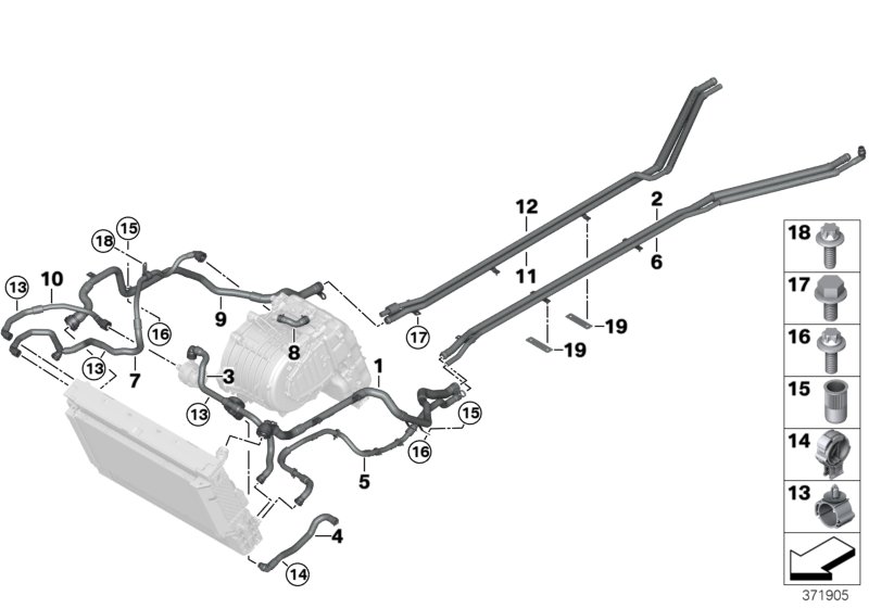 Шланги системы охлаждения для BMW I12 i8 B38 (схема запчастей)