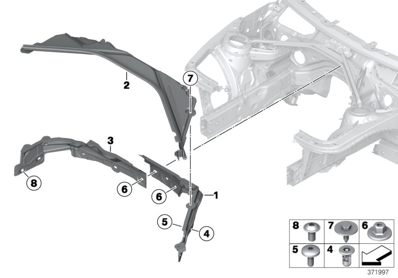 Дополнительные элементы моторного отсека для BMW F36N 420iX B48 (схема запчастей)