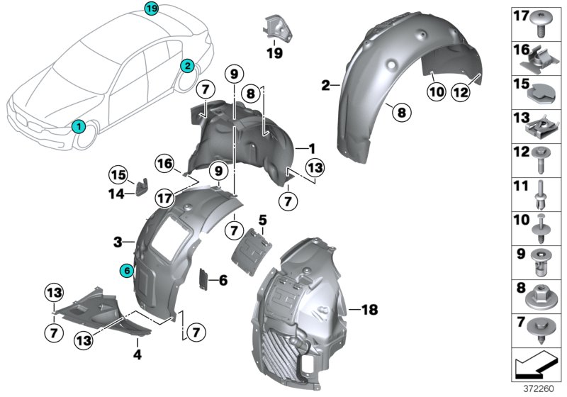 Защитный кожух колесной ниши для BMW F36N 420i B48 (схема запчастей)