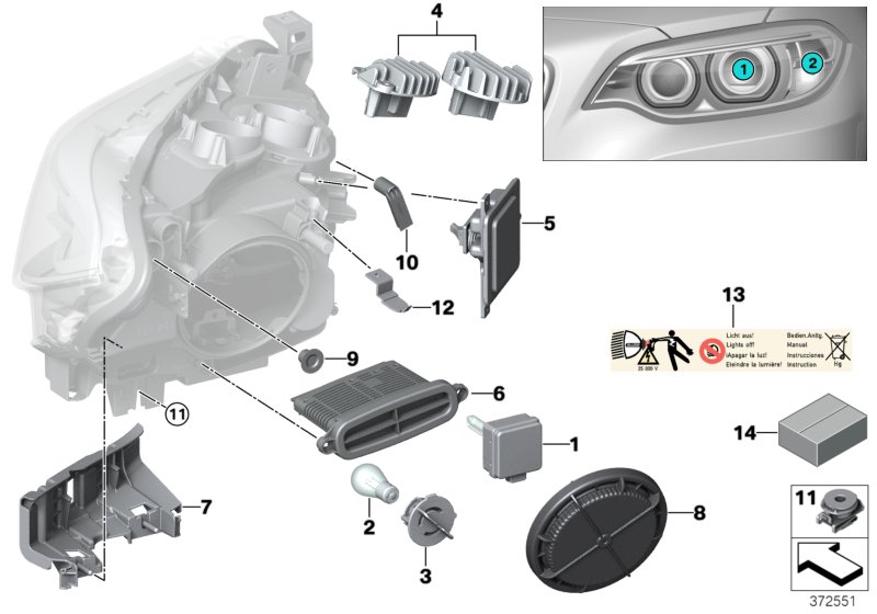 Детали ксеноновой фары для BMW F22 230i B48 (схема запчастей)