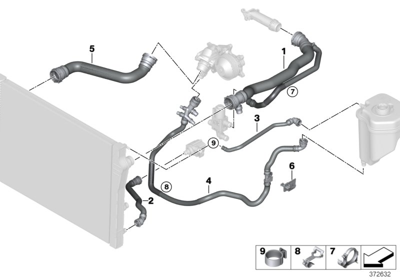 Шланги системы охлаждения для BMW F15 X5 25dX N47S1 (схема запчастей)
