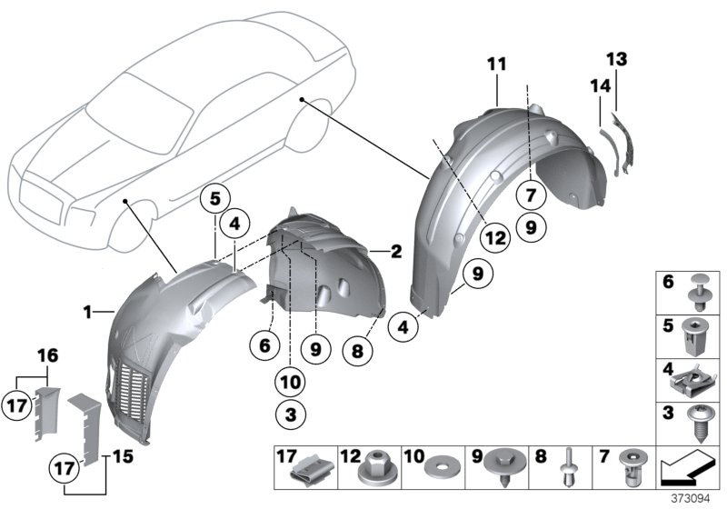 Защитный кожух колесной ниши для BMW RR6 Dawn N74R (схема запчастей)