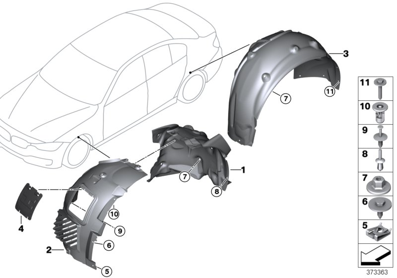 Защитный кожух колесной ниши для BMW F80 M3 S55 (схема запчастей)