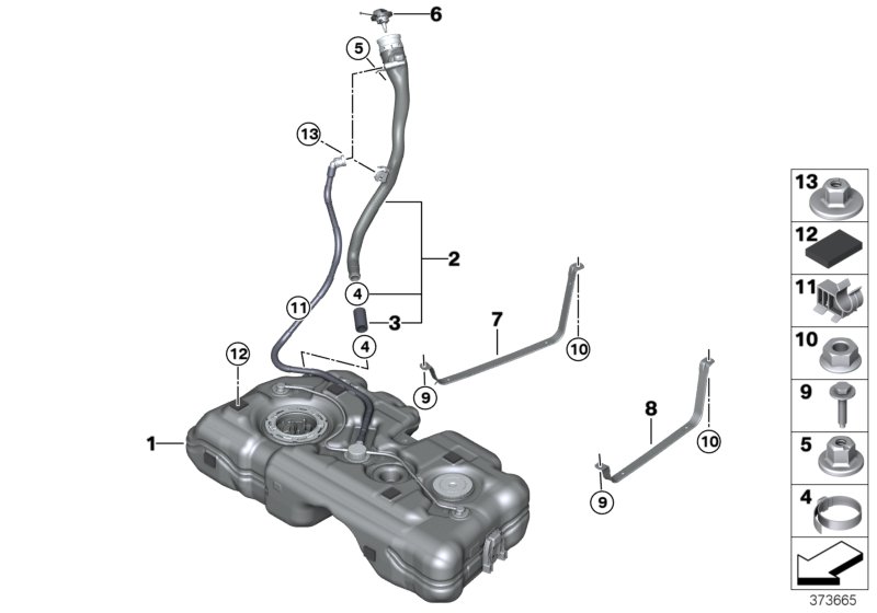 Топливный бак/дополнительные элементы для BMW F46 220i B48 (схема запчастей)